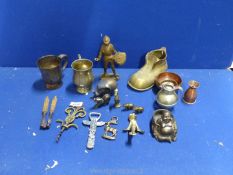 A small quantity of brass to include boot, tankards, Buddha, elephant, corkscrew, etc.