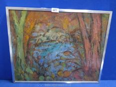 A Myriam Burton impressionistic woodland landscape in heavy impasto Oil on board, signed.
