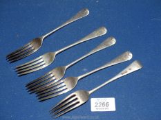 Five Silver Forks, London 1906, maker RS, 204 gms.