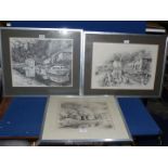 Three framed black and white prints of canals by artist Michael Blackmore including 'Llangattock