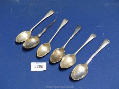 Six Silver Teaspoons, various makers, 129 gms, one a/f.