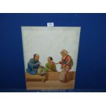 A unframed unsigned Watercolour laid onto board of Three Chinese figures. 14" x 181/2".