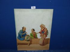 A unframed unsigned Watercolour laid onto board of Three Chinese figures. 14" x 181/2".