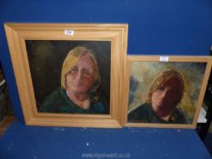 Two pine framed Oil on boards depicting female portraits, one signed John Smythe,