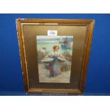 A framed and mounted watercolour depicting women at the Quay collecting the day's catch,