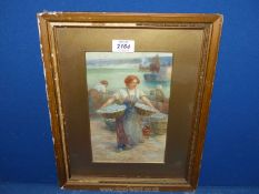 A framed and mounted watercolour depicting women at the Quay collecting the day's catch,