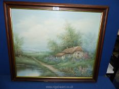 An Oil on canvas depicting thatched cottage, signed bottom right, 28½" x 23½".