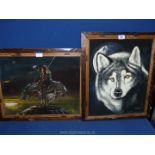Two framed prints on fabric including a Wolf and an Indian on horseback.