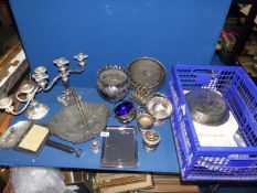 A quantity of silver plate items including coaster set, candelabrums, frames,