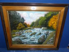 An Oil on canvas of a Boulder strewn river.