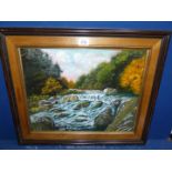 An Oil on canvas of a Boulder strewn river.