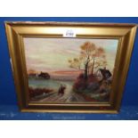 A framed oil on canvas depicting a mother and child walking country lane passed dwellings carrying