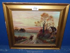 A framed oil on canvas depicting a mother and child walking country lane passed dwellings carrying