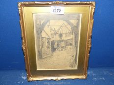 A small framed pencil sketch titled 'An Old Coaching Inn' initialed lower right L.D., 8¼" x 10¼".