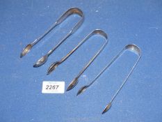 Three pairs of Silver Sugar Tongs, including London and Exeter, 124 gms.