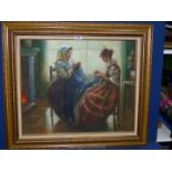 A gilt framed oil painting depicting two ladies sewing, indistinctly signed lower right, 31" x 27".