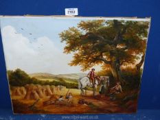 An unframed oil on canvas depicting a harvest scene with figures taking a rest,