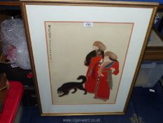 A framed and mounted oriental print depicting two figures with dogs. 22¼" x 28¼".
