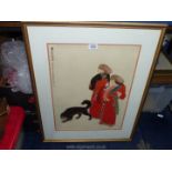 A framed and mounted oriental print depicting two figures with dogs. 22¼" x 28¼".