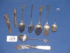 Six assorted Silver Teaspoons, a silver pencil case,