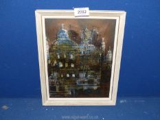 A small framed Oil on paper Holborn Art Exhibition verso entitled "Outlandish Town" by Mrs Tatiana