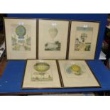 Five framed prints depicting various hot air balloons to include;