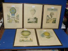 Five framed prints depicting various hot air balloons to include;