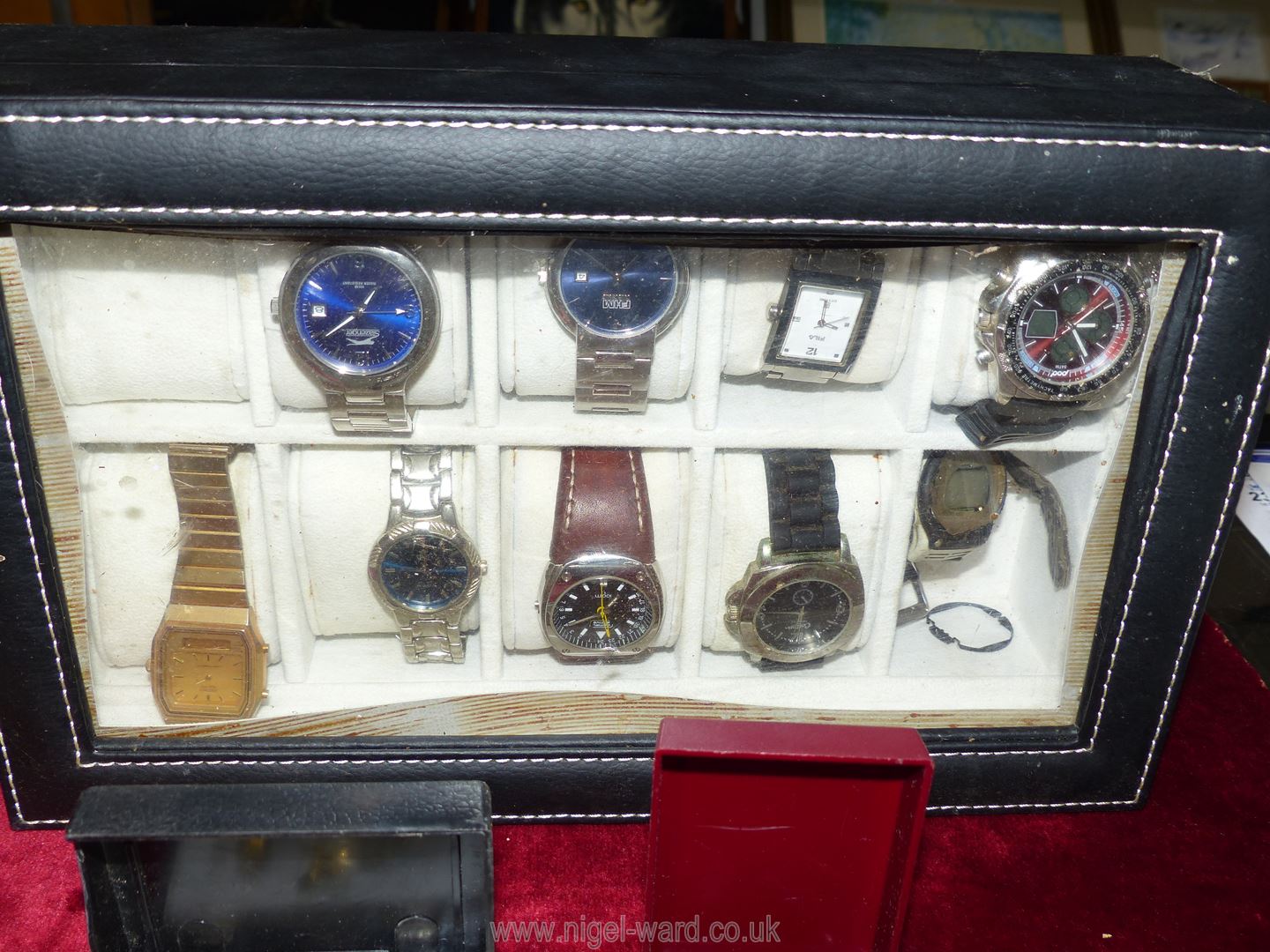 Nine assorted gents watches, a wooden jewellery box plus an assortment of brooches, - Image 2 of 4