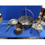 A quantity of copper pans, jam kettle, jug etc. some a/f.