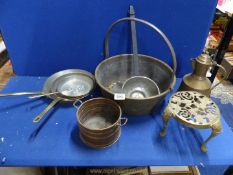 A quantity of copper pans, jam kettle, jug etc. some a/f.