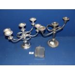 A five branch candelabra and a three branch Grenadier silver plated candelabra, plus 6oz hip flask.