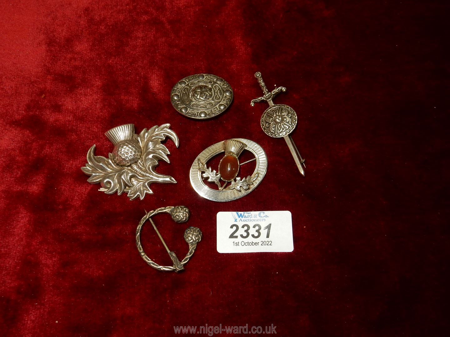 Five silver Celtic brooches; thistle, sword, etc. - Image 2 of 2