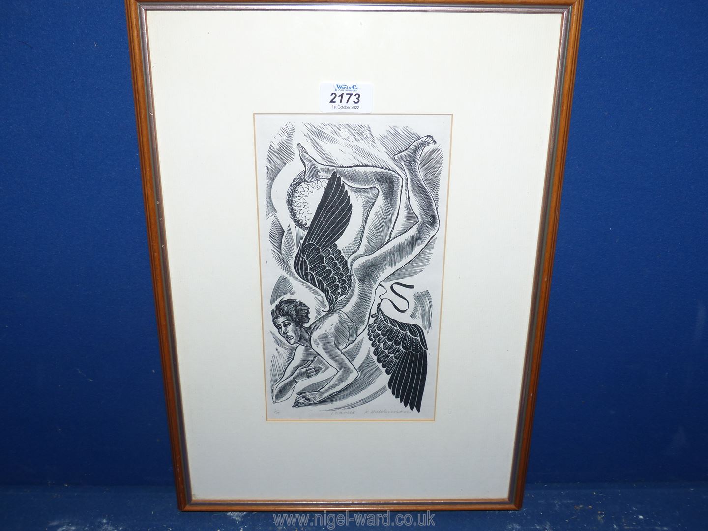 A framed and mounted plastic engraving (no. 1/35) titled 'Icarus', signed lower right 'K.