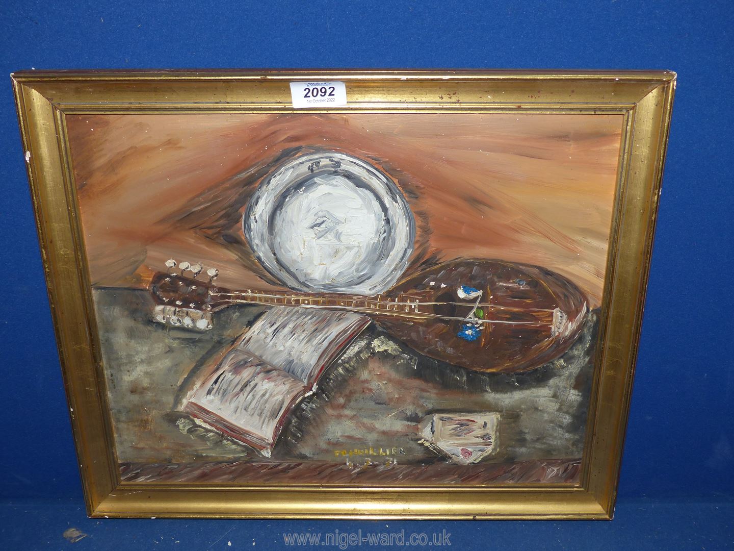 An oil on canvas still life with a mandolin.