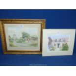 A gilt framed Watercolour depicting a homestead by the village Church signed lower right 'C.