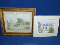 A gilt framed Watercolour depicting a homestead by the village Church signed lower right 'C.