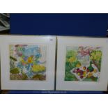 A pair of limited Edition Prints depicting a garden scene with a table containing fruit and bottle,