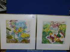 A pair of limited Edition Prints depicting a garden scene with a table containing fruit and bottle,