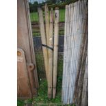 Four wooden posts with metal banding and points.