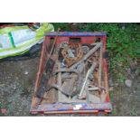 A plastic tray of galvanised hinges, chain, door catches, etc.