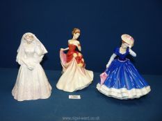 Three Royal Doulton lady figures to include 'The Bride' 8" tall,