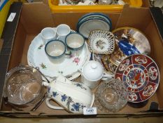 A quantity of plates including Masons and Limoges, flan dish, Royal Venton ware hot water pot,