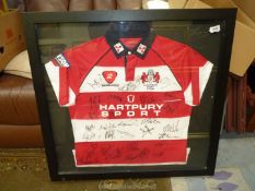 A framed Gloucester Rugby Club 'A Team' shirt, 33'' x 31''.