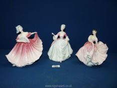 Three Royal Doulton lady figures in pink and white dresses to include 'Diana,' 'The Polka,