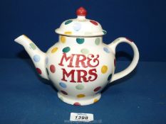 An Emma Bridgewater 'Mr and Mrs' teapot in classic polka dot pattern 7½" tall approximately.