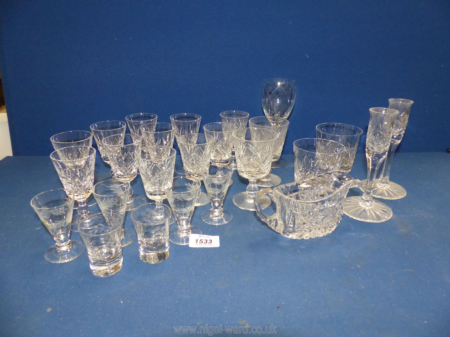 A small quantity of cut glass including six Stuart sherry glasses, four Thomas Webb sherry glasses,