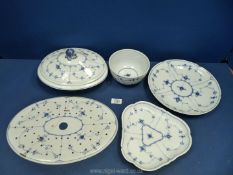 A Royal Copenhagen "blue onion" lidded serving dish, strainer, plate, slop bowl and serving plate,
