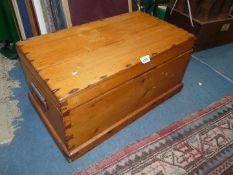 A Pine school tuck box/compact blanket chest with an inner tray for small items/candles,