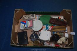A quantity of vintage fishing equipment, fishing flies, old fishing reels, crab line, weights,