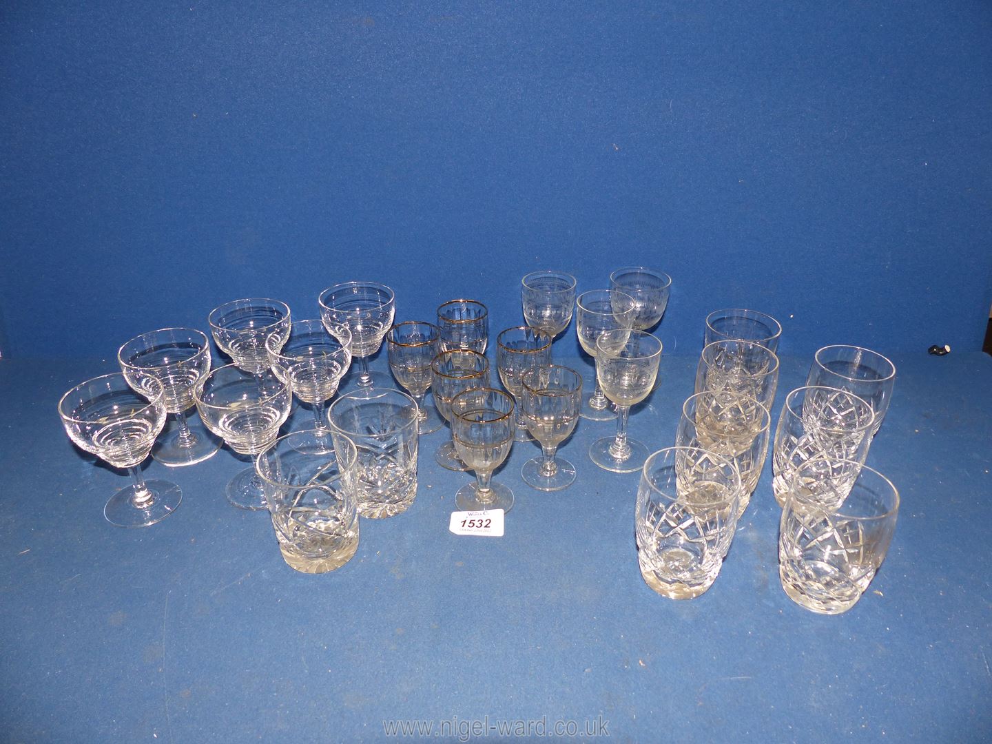 A small quantity of glasses including a set of six gold rimmed port glasses etc.